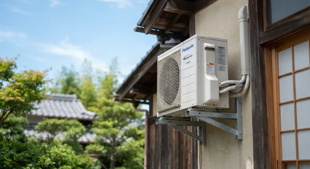 住宅に取り付けたエアコンの室外機